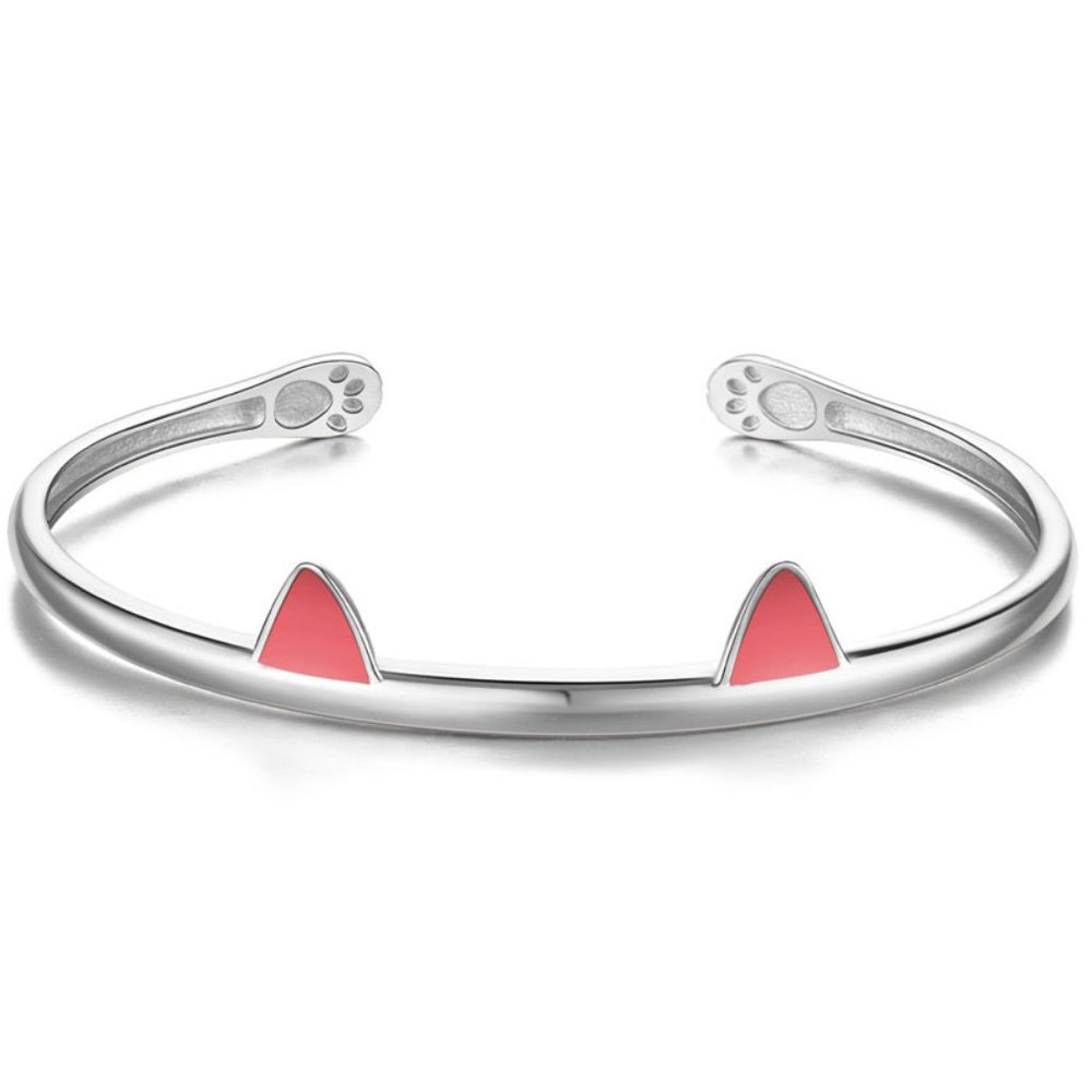 Adorable Cat Kitten Pink Ears 925 Sterling Silver Bangle Bracelet Cute Paw Cuff